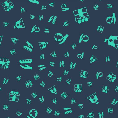 Set Hand holding Earth globe, Gift box, Donation food and Emergency medical tent on seamless pattern. Vector.