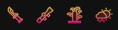 Set line African tree, Hunter knife, Sniper optical sight and Cloud with rain. Glowing neon icon. Vector.