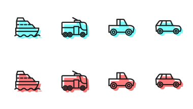 Set line Pickup truck Cruise ship Trolleybus and Car icon. Vector.