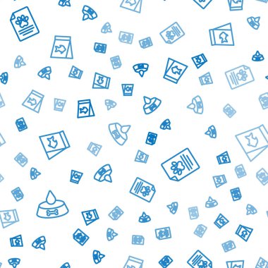 Set line Pet food bowl for cat or dog Medical clinical record pet and Food fish on seamless pattern. Vector.