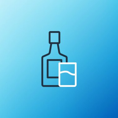 Çizgi viski şişesi ve cam ikon mavi arka planda izole edilmiş. Renkli taslak konsepti. Vektör