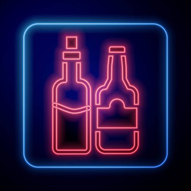Parlayan neon viski şişesi simgesi siyah arkaplanda izole edilmiş. Vektör.