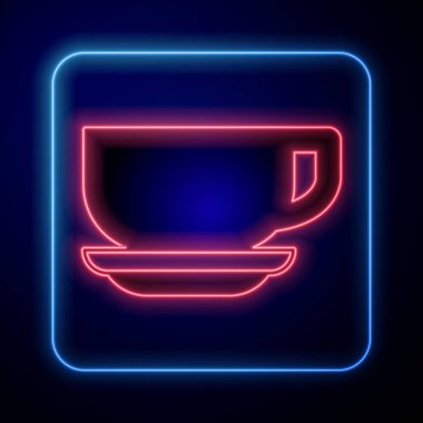 Siyah arka planda parlayan neon kahve bardağı ikonu. Çay fincanı. Sıcak içecek kahvesi. Vektör.