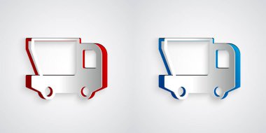 Kağıt kesiği oyuncak kamyon simgesi gri arkaplanda izole edildi. Kağıt sanatı tarzı. Vektör