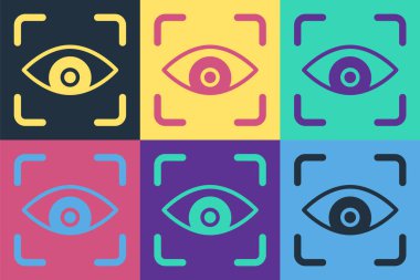 Pop Art Eye göz tarama simgesi renk arkaplanında izole edildi. Göz taraması yapılıyor. Güvenlik kontrol sembolü. Siber göz işareti. Vektör