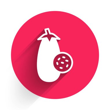 Beyaz patlıcan simgesi uzun gölge arkaplanı ile izole edilmiş. Kırmızı daire düğmesi. Vektör