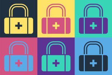 Pop art ilk yardım seti simgesi renk arkaplanında izole edildi. Haçlı sağlık kutusu. Acil durumlar için tıbbi ekipman. Sağlık sigortası konsepti. Vektör