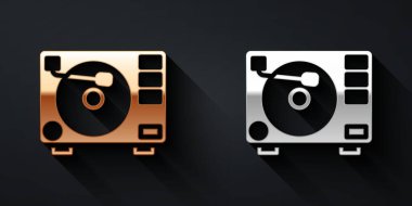 Siyah arka planda izole edilmiş vinil disk ikonu olan altın ve gümüş Vinil çalar. Uzun gölge tarzı. Vektör