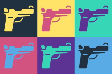 Pop Art Pistol ya da silah ikonu renk arkaplanına izole edilmiş. Polis ya da askeri silah. Küçük ateşli silah. Vektör