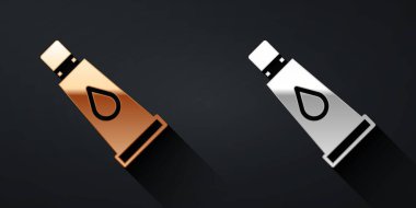 Siyah zemin üzerinde izole edilmiş altın ve gümüş krem veya losyon kozmetik tüp ikonu. Kadınlar için vücut bakım ürünleri. Uzun gölge tarzı. Vektör