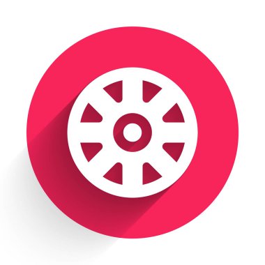 Araba simgesi için beyaz alçı tekerleği uzun gölgeli. Kırmızı daire düğmesi. Vektör