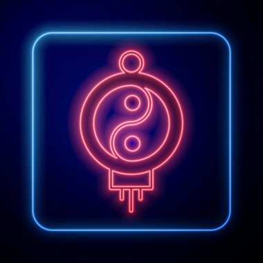 Parlayan neon renkli Çin kağıt fener ikonu siyah arka planda izole edildi. Vektör