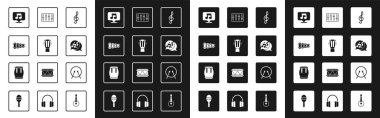 Set Treble clef, Guitar, Xylophone, Music note, tone, Sound mixer controller, Drum and drum sticks and  icon. Vector