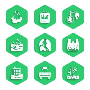 Set Global warming, Solar energy panel, Withered tree, Say no to plastic bags poster, House flood, Problem pollution of ocean, Gas pump nozzle and globe and Glacier melting icon. Vector