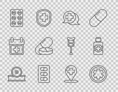 Set line Otolaryngological head reflector, Dialogue with doctor, Pills in blister pack, Medicine pill tablet, Map pointer cross hospital and Bottle medicine syrup icon. Vector