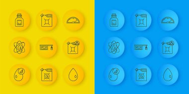 Set line Bio fuel, Atom, Gas filling station, Oil drop, Eco canister, petrol test tube, Speedometer and Canister for gasoline icon. Vector