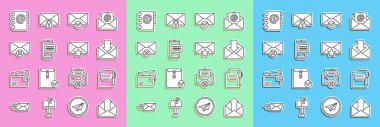 Set line Outgoing mail, Document and pen, Envelope, check mark, Chat messages notification on phone, Delete envelope, Address book and with star icon. Vector