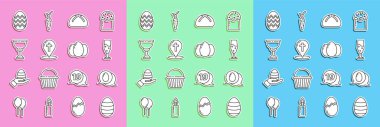 Set line Easter egg, Speech bubble with easter, Wine glass, cake, Map pointer christian cross, Christian chalice,  and eggs icon. Vector