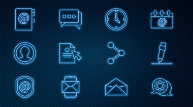 Set line Speech bubble chat, Pencil with eraser, Clock, Document and cursor, Create account screen, Address book, Share and  icon. Vector