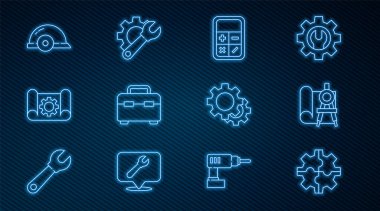 Set line Gear, Graphing paper and compass, Calculator, Toolbox, gear, Worker safety helmet,  and Wrench spanner icon. Vector