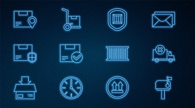 Set line Mail box, Delivery cargo truck vehicle, security with shield, Package check mark, Location cardboard, Container and Hand and boxes icon. Vector
