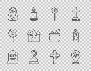 Set line Tombstone with RIP written, Pumpkin, Neptune Trident, Pirate hook, Funny and scary ghost mask, Castle, cross and Camping lantern icon. Vector
