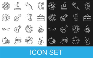 Set line Test tube and flask, GMO, No, Syringe, Genetically modified orange, Petri dish with bacteria, Stop and chicken icon. Vector