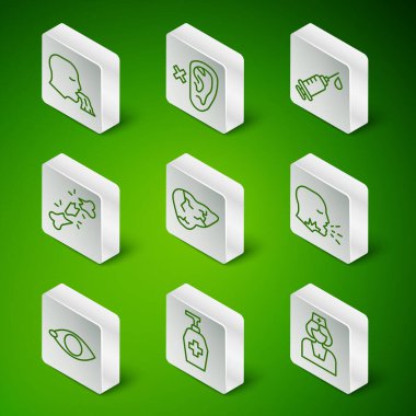 Set line Nurse, Liquid antibacterial soap, Vomiting man, Hepatitis virus, Human broken bone, Deaf, Blindness and Man coughing icon. Vector