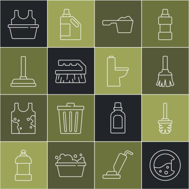 Set line Washer, Toilet brush, Feather broom, Washing powder, Brush for cleaning, Rubber plunger, Basin with shirt and bowl icon. Vector