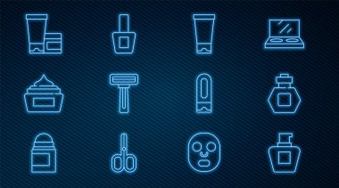 Set line Cream or lotion cosmetic tube, Perfume, Shaving razor, Bottle of shampoo and Nail polish bottle icon. Vector