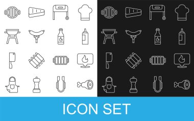 Set line Chicken leg, Location with fire flame, Sauce bottle, Barbecue grill, Sausage the fork,  and Tabasco sauce icon. Vector