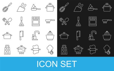Set line Chef hat, Citrus fruit juicer, Frying pan, Barbecue spatula, Crossed fork and spoon, Kitchen whisk and Oven icon. Vector