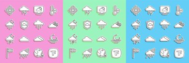 Set line Fahrenheit, Sunset, Windy weather, Location cloud, Weather forecast, Cloud with rain and moon, Snowflake and  icon. Vector