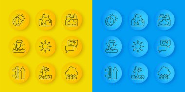 Set line Global warming, Tornado, Sun, Cloud with rain, Wrecked oil tanker ship and Deforestation icon. Vector