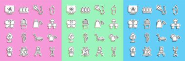Set line Gardening handmade scissors, Watering can, Mushroom, Kite, Cactus peyote pot, Butterfly, Location with flower and  icon. Vector