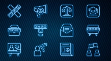 Set line Speech bubble chat, Censored stamp, Scales of justice, Mail and e-mail and Peace icon. Vector