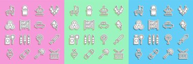 Set line Drum with drum sticks, Sword toy, Toy horse, Robot, Abacus, Fidget spinner, Roller skate and car icon. Vector