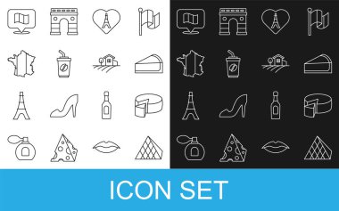 Set line Louvre glass pyramid, Cheese, Cherry cheesecake slice, Eiffel tower with heart, Coffee cup go, Map France, Flag and Village landscape icon. Vector