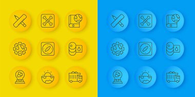 Set line Exhibition with minerals, rocks, Gear wheels and earth, Compass, Mining dump truck, Barrel oil, Crossed ruler pencil, Earth globe book and Archeology icon. Vector