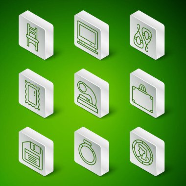 Set line Ancient coin, Gold ring, Chair, Old gramophone, Big full length mirror, Retro tv, Floppy disk and Suitcase icon. Vector