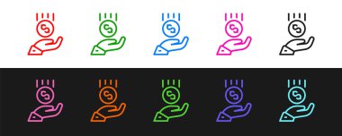 Set line Coins on hand - minimal wage icon isolated on black and white background.  Vector.