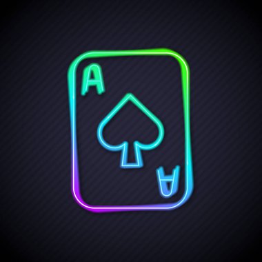 Parlayan neon hattı siyah arkaplanda izole edilmiş kart simgesi çalıyor. Kumarhane kumarı. Vektör.