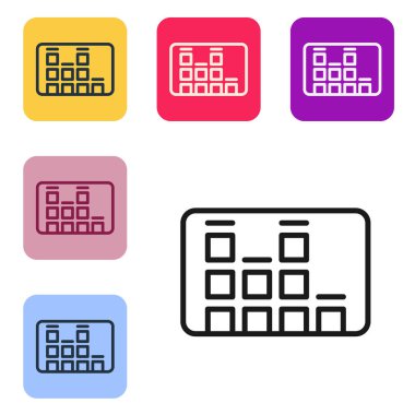 Black line Music equalizer icon isolated on white background. Sound wave. Audio digital equalizer technology, console panel, pulse musical. Set icons in color square buttons. Vector.