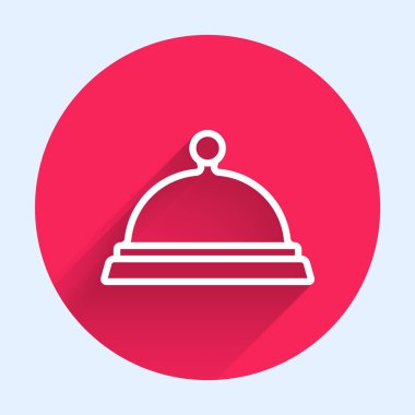 White line Covered with a tray of food icon isolated with long shadow background. Tray and lid sign. Restaurant cloche with lid. Red circle button. Vector