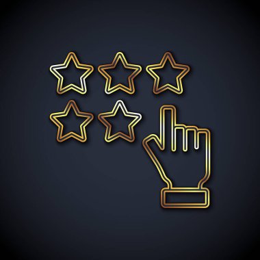Altın çizgi Beş yıldızlı müşteri ürün değerlendirme simgesi siyah arkaplanda izole edildi. Favori, en iyi derecelendirme, ödül sembolü. Vektör
