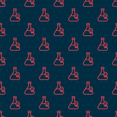 Zehirli sıvı ikona sahip kırmızı çizgi laboratuvar kimyasal deney şişesi siyah arka planda izole edilmiş. Biyolojik tehlike sembolü. Radyasyon ikonu olan tehlikeli bir sembol. Vektör