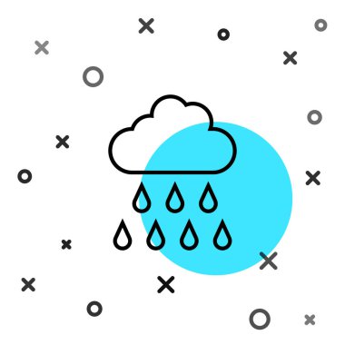 Beyaz zemin üzerinde yağmur ikonu olan siyah çizgi bulutu. Yağmur damlaları ile yağmur bulutu yağışı. Rastgele dinamik şekiller. Vektör