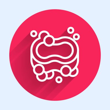 Uzun gölgeli beyaz çizgi sabun simgesi izole edildi. Köpüklü sabun çubuğu. Kırmızı daire düğmesi. Vektör