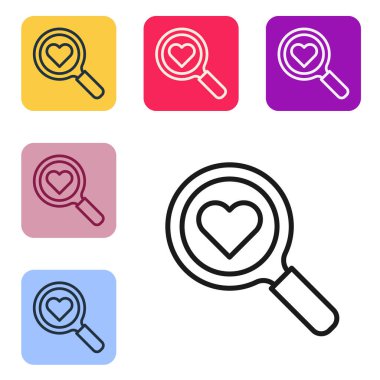 Black line Search heart and love icon isolated on white background. Magnifying glass with heart inside. Happy Valentines day. Set icons in color square buttons. Vector