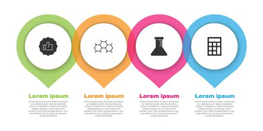 Set Hand thumb up, Chemical formula, Test tube flask and Calculator. Business infographic template. Vector.